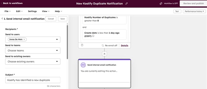 Add a Notification Action for a new Koalify Duplicate