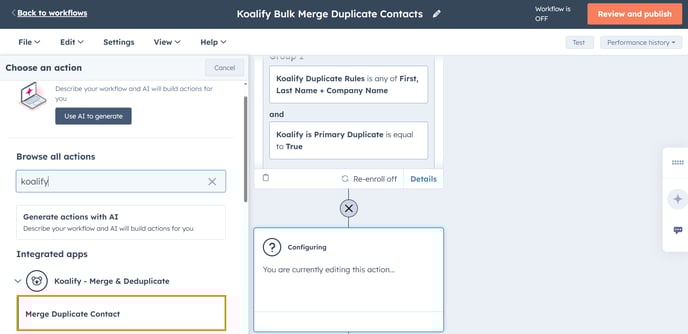 Add the Merge Duplicate Company Contact Deal action