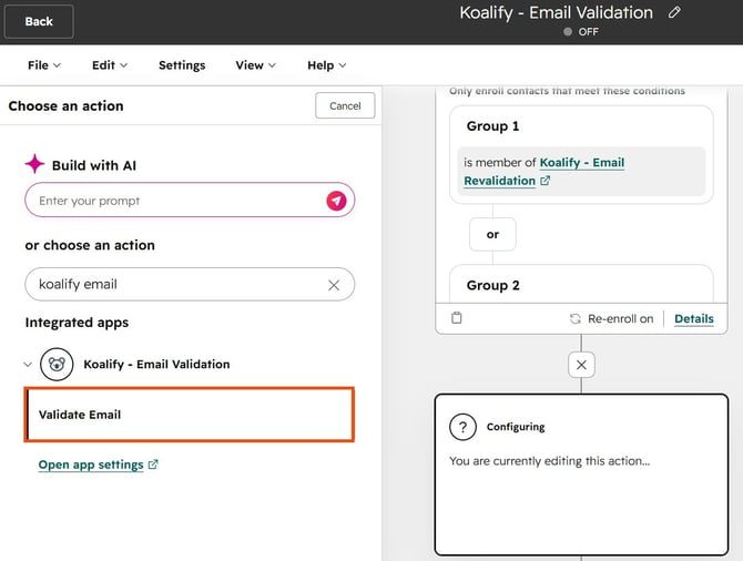 Add the Validate Email action in the HubSpot workflow