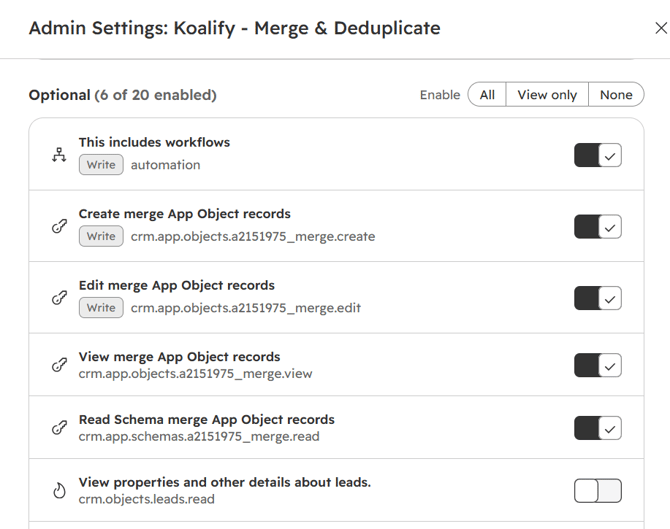 HubSpot Data permissions tab with Merge App Objects scopes enabled