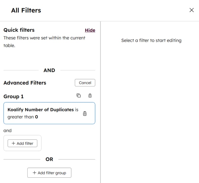 Apply filter to create view of Koalify duplicates in HubSpot