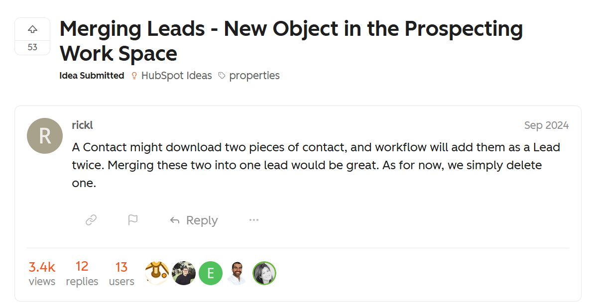  HubSpot lead record with no merge option 