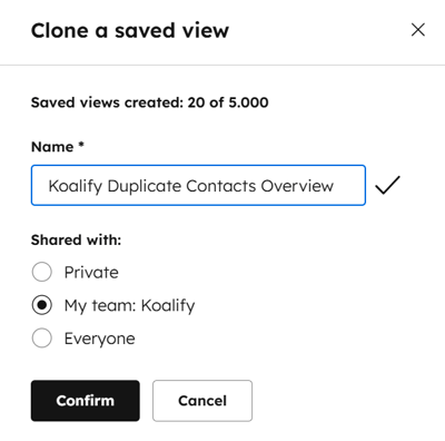Clone view of Koalify duplicates in HubSpot