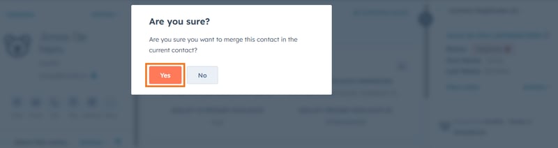 Confirm the HubSpot contact merge via the Koalify CRM card