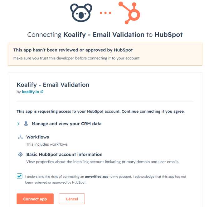 Connect Koalify - Email Validation to HubSpot