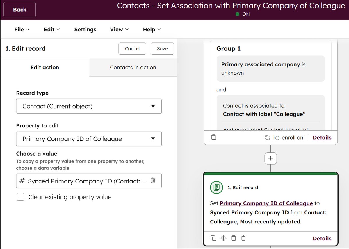 Contact Workflow - Set Association with Primary Company of Colleague