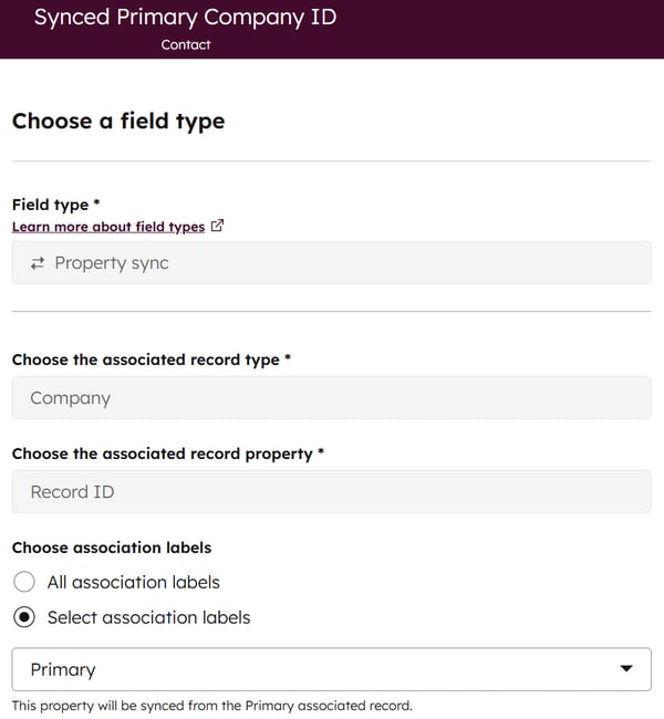 Create a custom property for the Record ID of the primary company of a contact in HubSpot