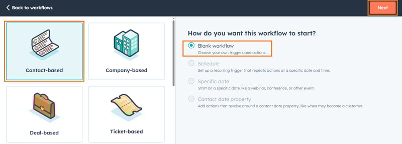 Create a new contact workflow to merge HubSpot contacts in bulk