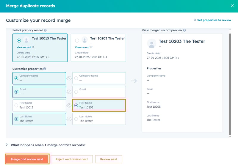 Customize your record merge in the duplicate management tool