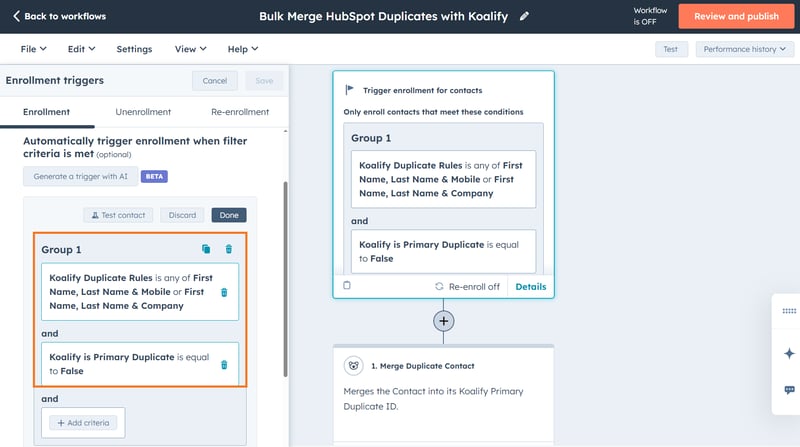 Enroll HubSpot contacts in the workflow for bulk merging