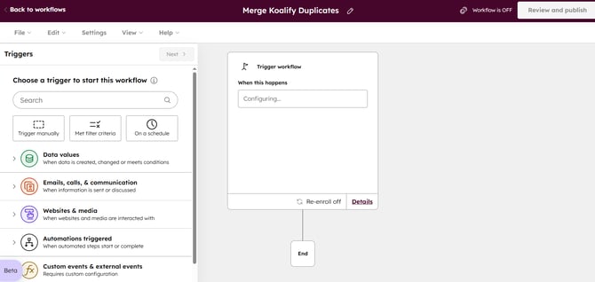 Enroll contacts, companies, deals or tickets in the koalify workflow to bulk merge