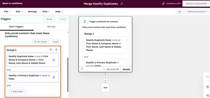 Enroll contacts, companies, deals, tickets or custom objects in the koalify workflow to bulk merge