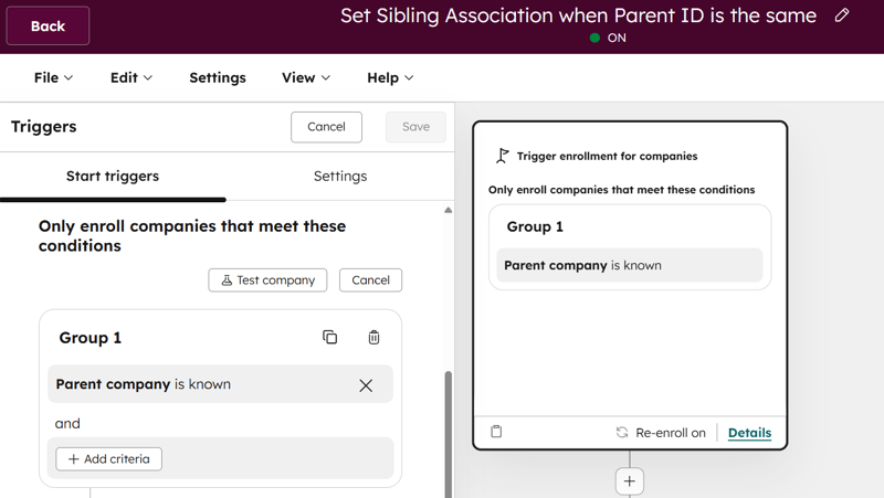 Enrollment criteria for Sibling Association Workflow