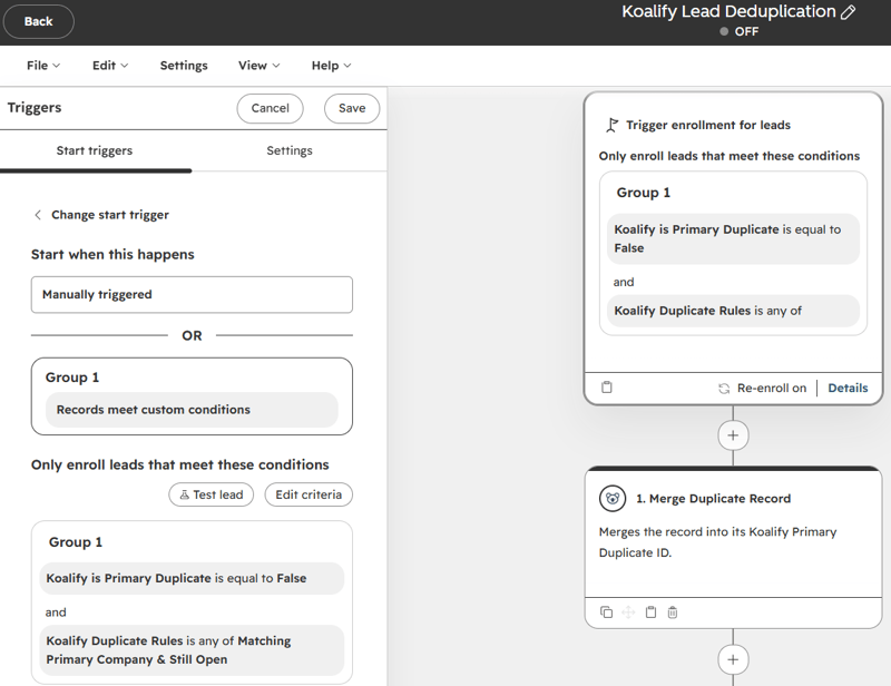 Koalify Merge Duplicate Record action in a lead-based HubSpot workflow