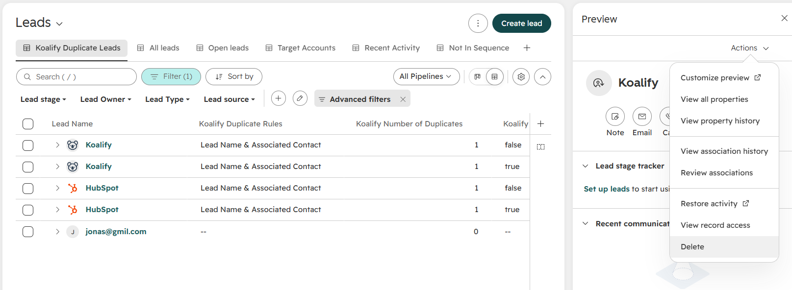 Deleting a duplicate lead from the Actions menu on a HubSpot lead record