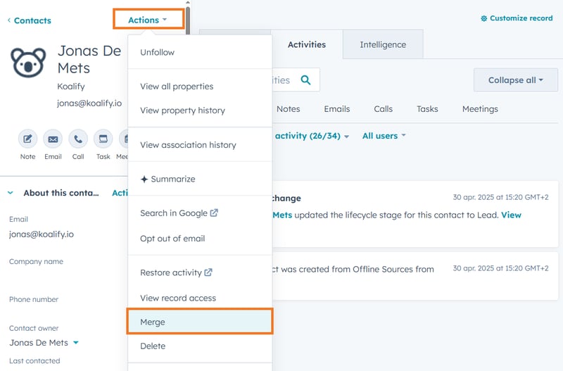 How to Merge Contacts in HubSpot Manually on a Contact Page-1