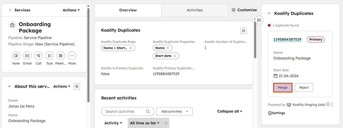 How to Merge Services Duplicates Using Koalify CRM Cards