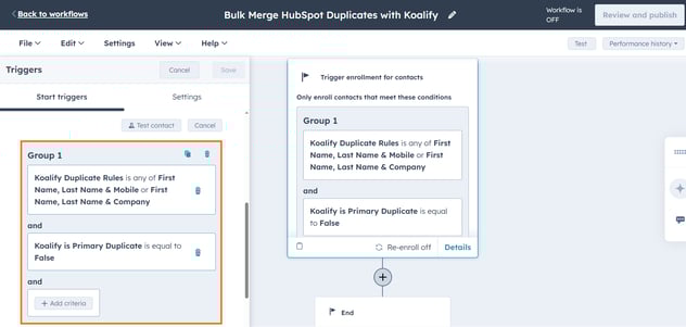 How to bulk merge HubSpot duplicates using Koalify workflow actions - Enrollment Criteria