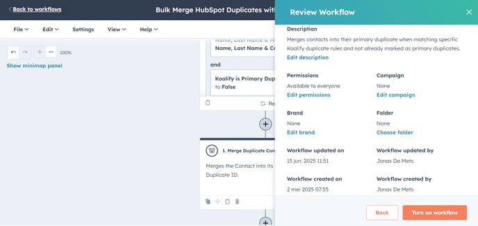 How to bulk merge HubSpot duplicates using Koalify workflow actions - Review and Turn ON