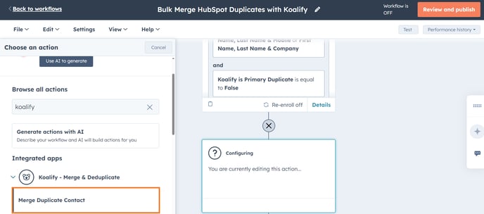 How to bulk merge HubSpot duplicates using Koalify workflow actions - Workflow Action