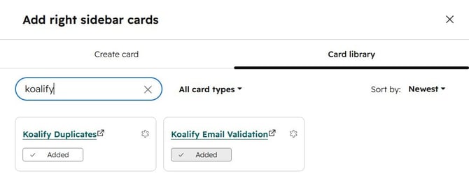 How to enable the Koalify Email Validation Card in the right sidebar of HubSpot records