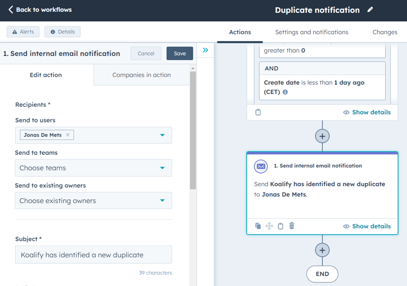 How to set a notifications for new duplicates in HubSpot action-1