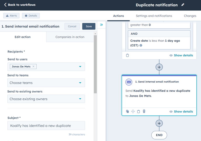 How to set a notifications for new duplicates in HubSpot action
