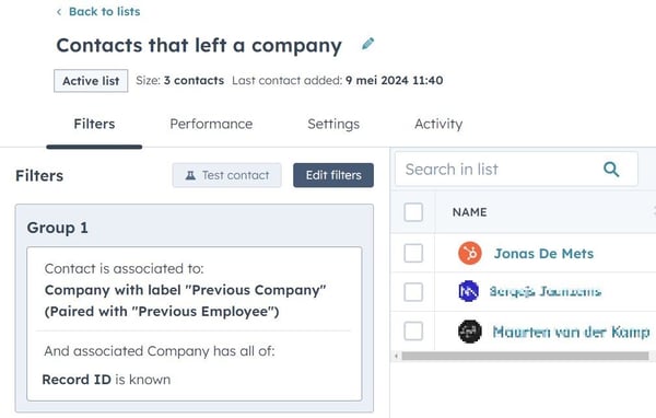 HubSpot List Contact that left a company - blurred