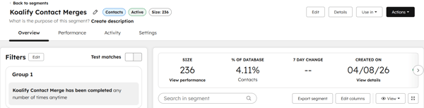 HubSpot Segment with Koalify Merged Contacts