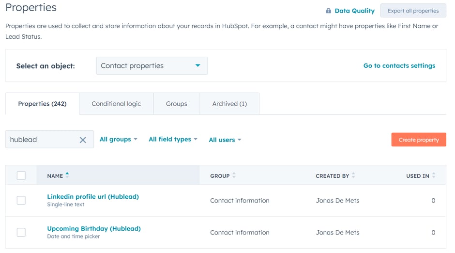 Hublead Custom Properties V2