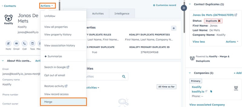 In the top left of the record page, click Actions Merge.