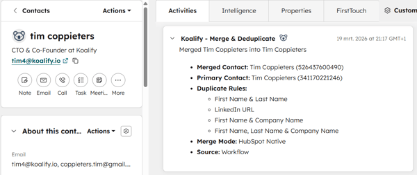 Koalify adds app events when a record is merged in HubSpot