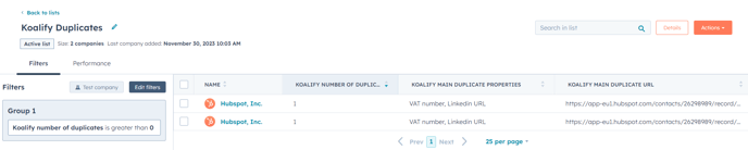 Koalify create lists of HubSpot duplicates