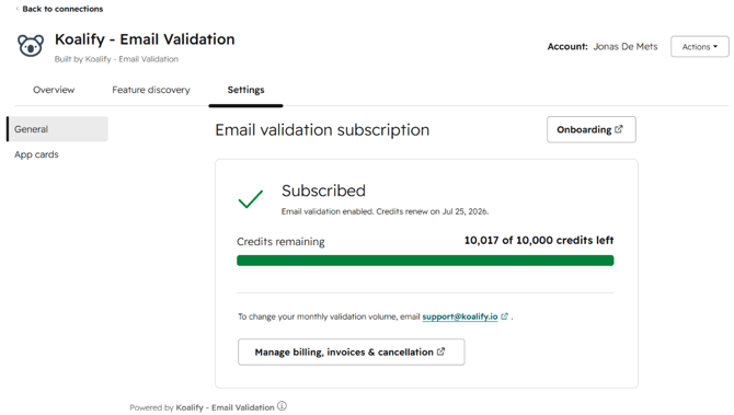 Managing Your Koalify - Email Validation Subscription