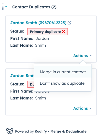 Manually merge Apollo duplicates using the Koalify CRM card