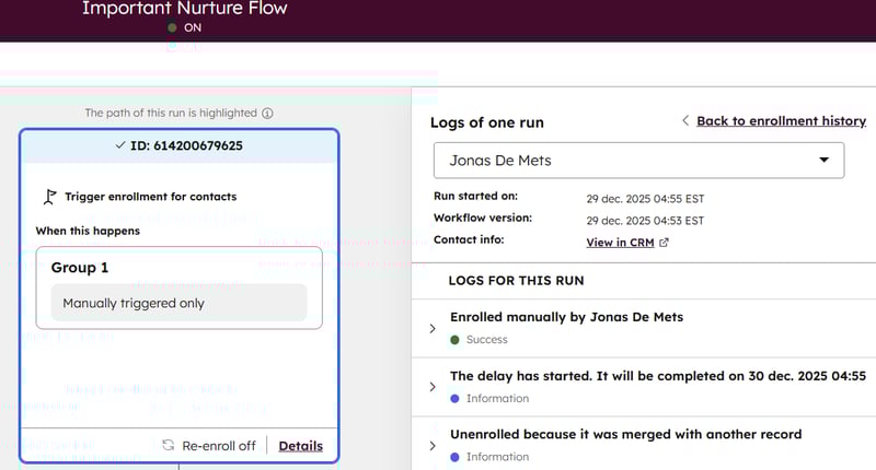 Merging contacts automatically unenrolls them from any active workflows.