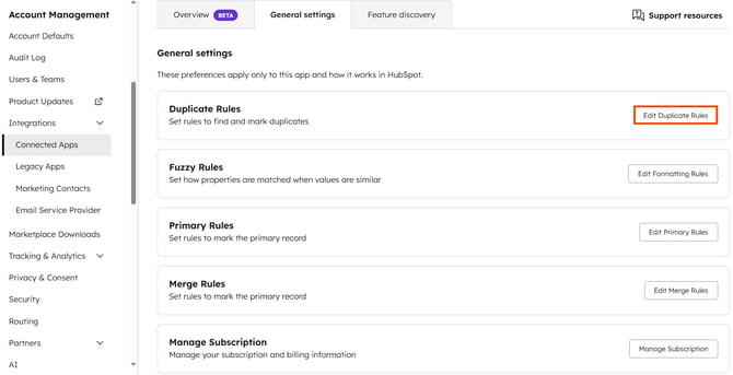 Navigate to the Koalify app settings page to create Koalify Duplicate Rules