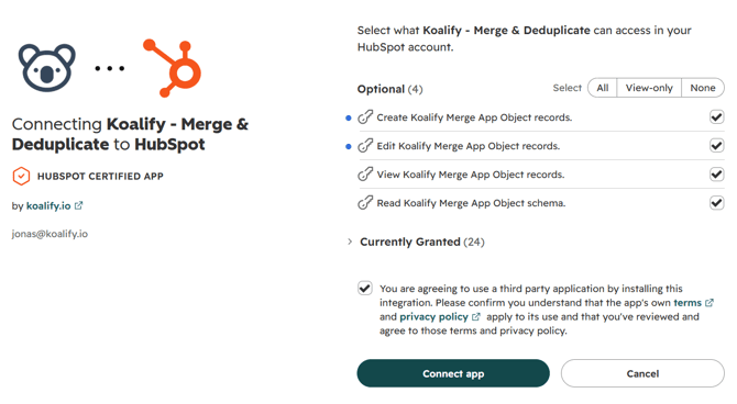Koalify install screen after refresh with optional scopes ticked