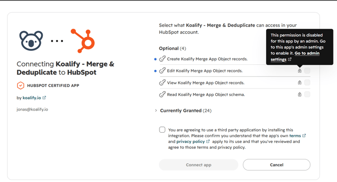 Koalify install screen with optional scope checkboxes greyed out