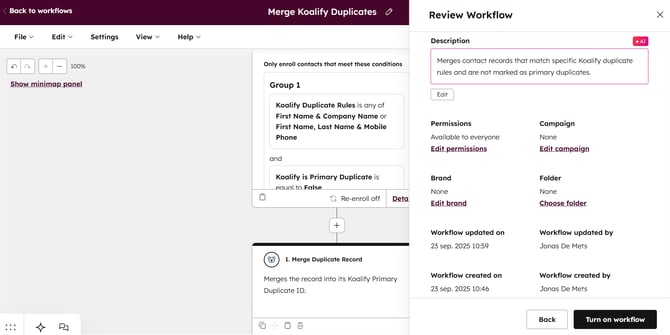 Review and Publish the workflow to bulk merge Koalify Duplicates