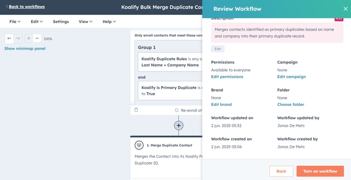 Review and Turn on the workflow to bulk merge duplciates with Koalify