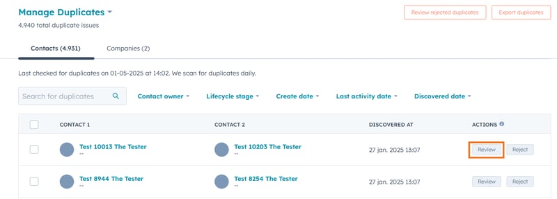 Review in the duplicate management tool