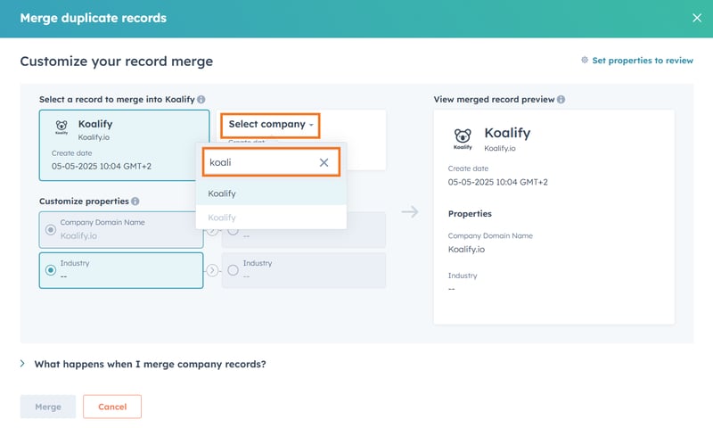 Select company → search for the duplicate company → choose the company you want to merge