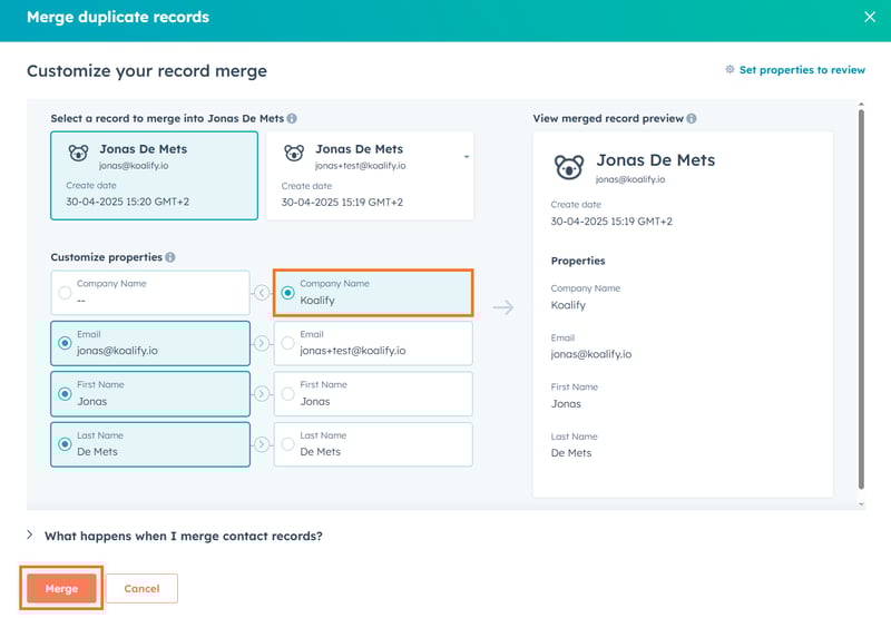 Select the Contact Properties you would like to retain