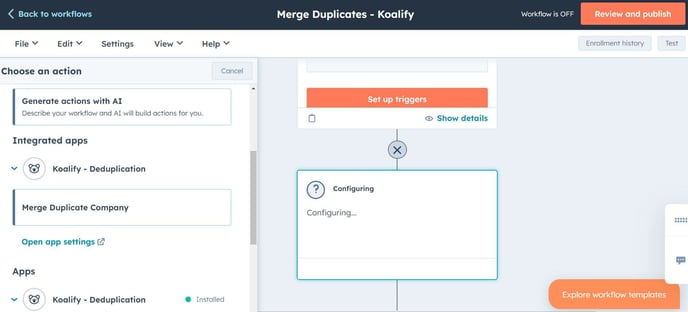 Select the Merge Duplicate Companies action from the Connected apps