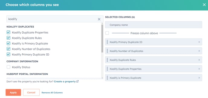 Select the following Koalify properties