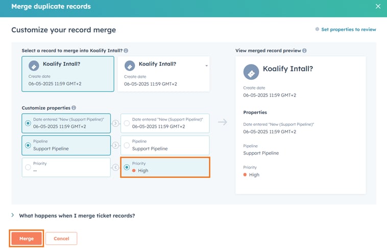 Select the property values you’d like to retain in the merged ticket.