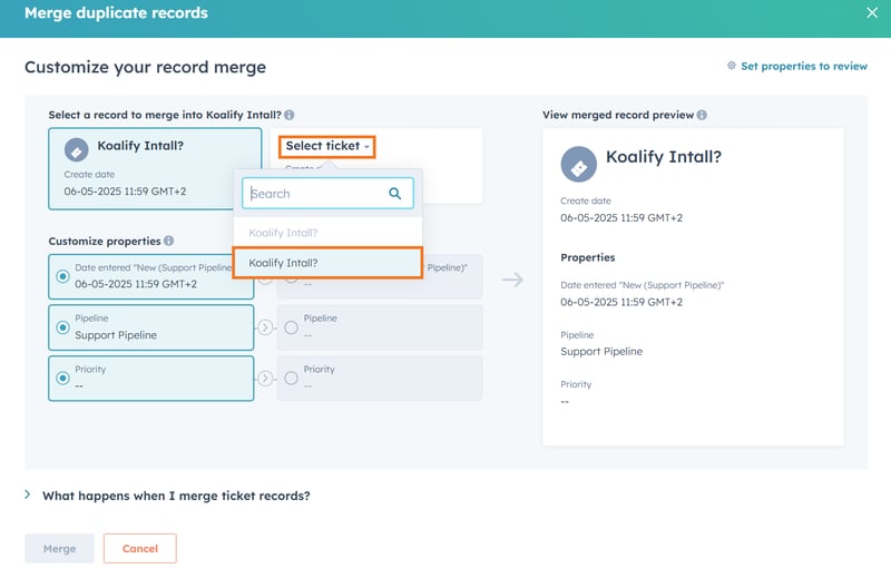 Select ticket→ search for the duplicate ticket → choose the ticket you want to merge.