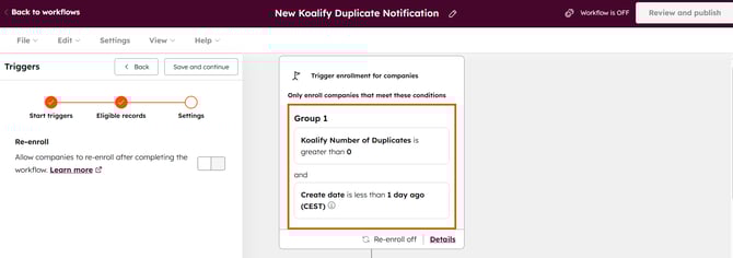 Set Enrollment Criteria for New Koalify Duplicate Notification Workflow