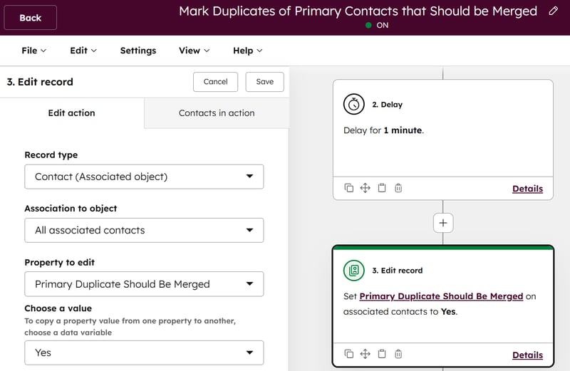 Set a custom property on the associated contacts of the primary duplicates